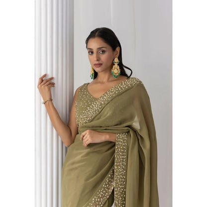 Ruhm Olive Henna Georgette Saree with Stitched Blouse