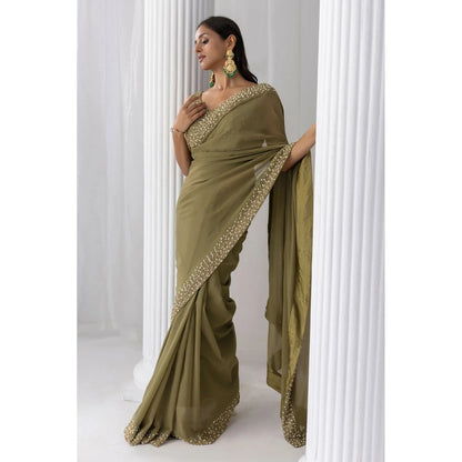 Ruhm Olive Henna Georgette Saree with Stitched Blouse
