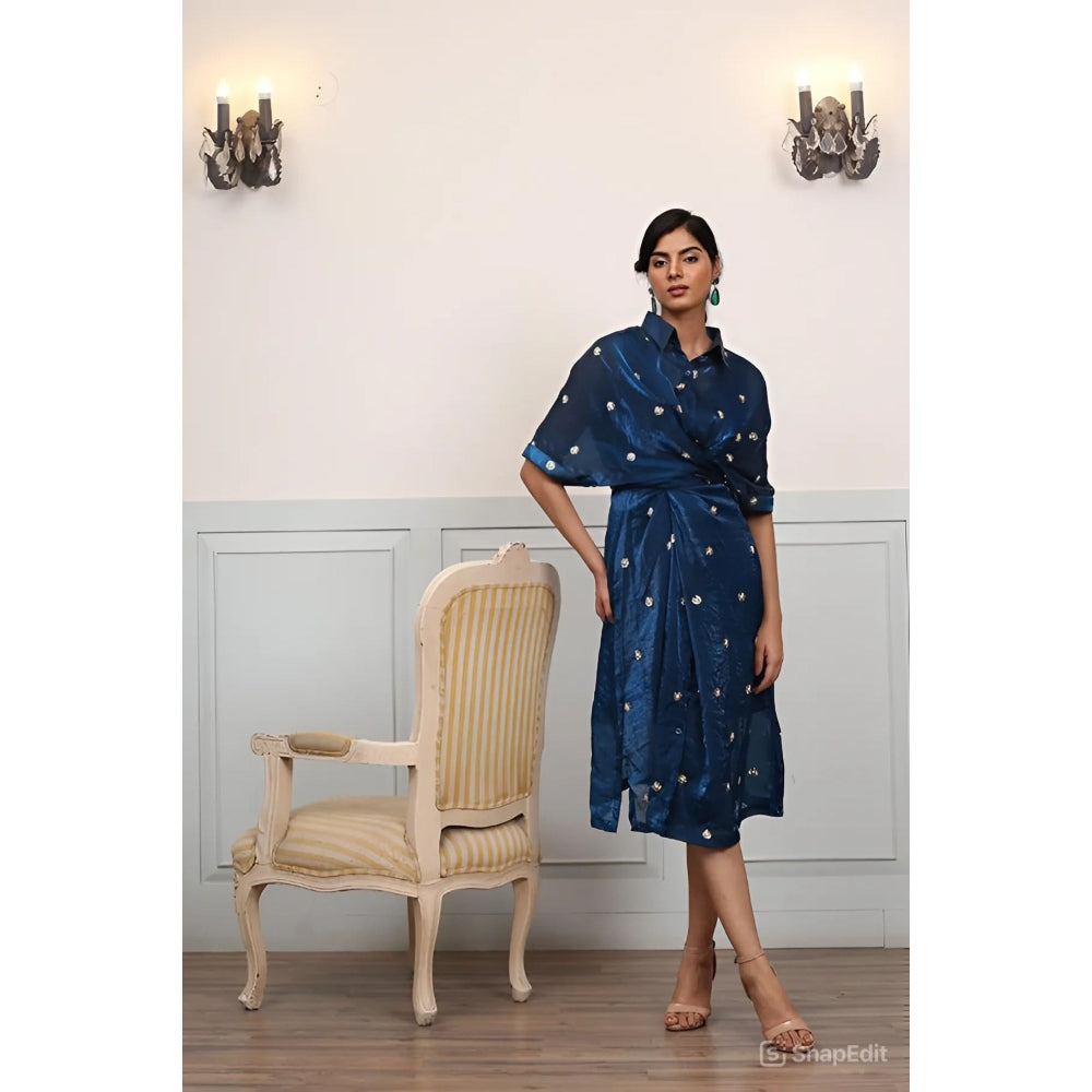 Ruhm Stunning Teal Blue Handwork Drape-Style Dress