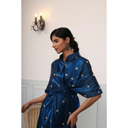 Ruhm Stunning Teal Blue Handwork Drape-Style Dress