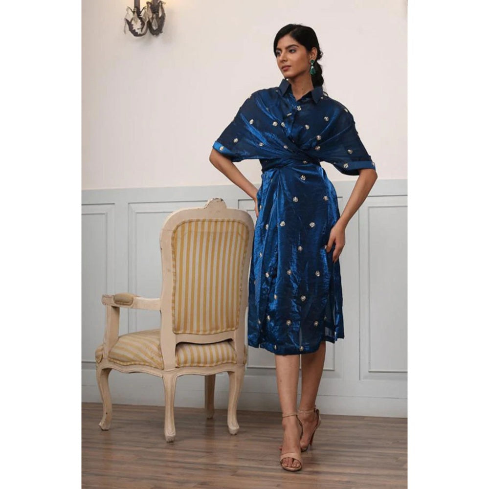 Ruhm Stunning Teal Blue Handwork Drape-Style Dress