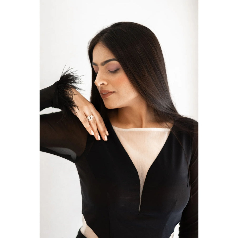 Ruhm Black Alamelu Gown with Cutouts and Feathers