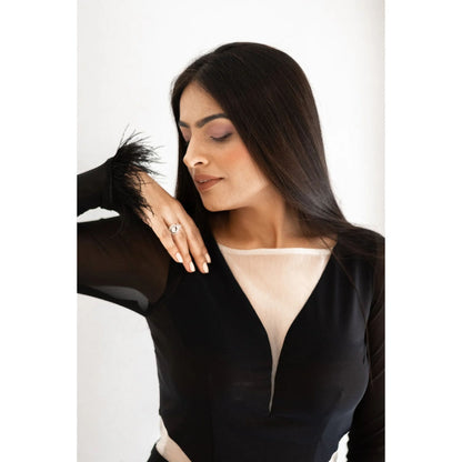 Ruhm Black Alamelu Gown with Cutouts and Feathers