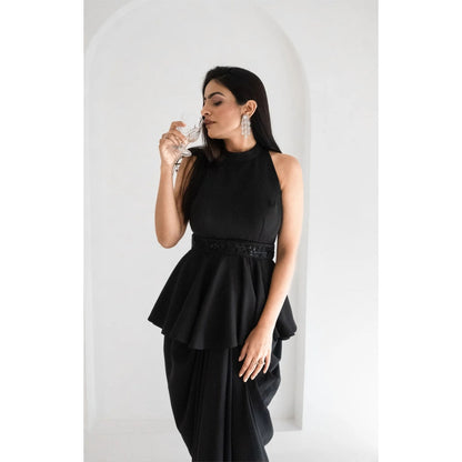 Ruhm Black Gown with Cutouts and Feather Sleeves