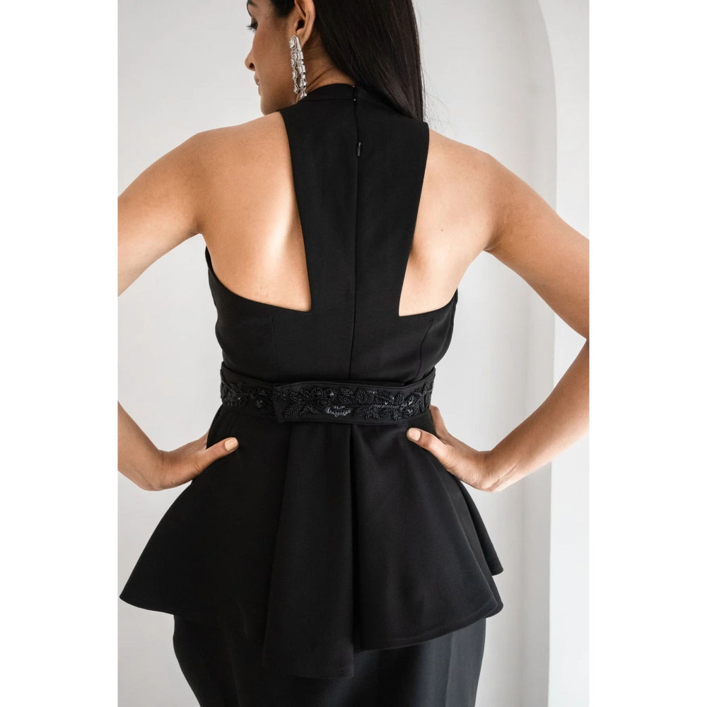 Ruhm Black Gown with Cutouts and Feather Sleeves