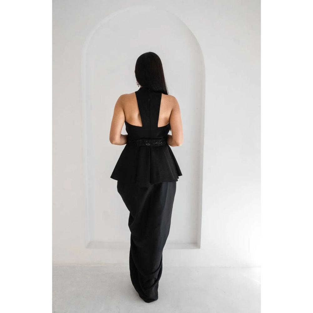 Ruhm Black Gown with Cutouts and Feather Sleeves