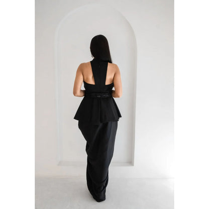 Ruhm Black Gown with Cutouts and Feather Sleeves
