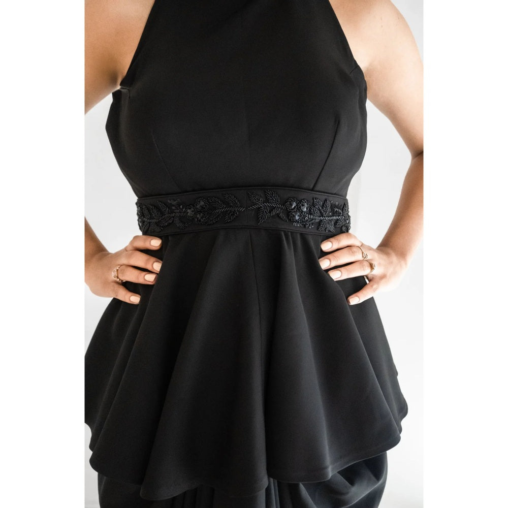 Ruhm Black Gown with Cutouts and Feather Sleeves