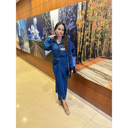 Ruhm Teal Satin Wrap Skirt with Denim Shirt Combo