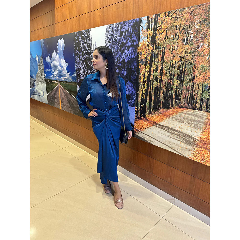 Ruhm Teal Satin Wrap Skirt with Denim Shirt Combo