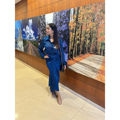 Ruhm Teal Satin Wrap Skirt with Denim Shirt Combo