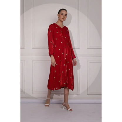 Ruhm Hot Pink Midi Dress with Exquisite Handwork