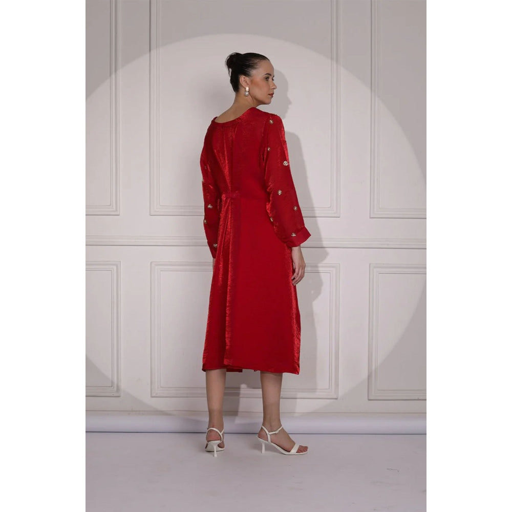 Ruhm Hot Pink Midi Dress with Exquisite Handwork