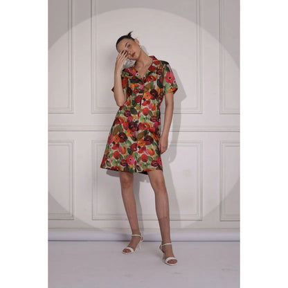 Ruhm Blue Printed Dress with Motifs and Long Sleeves