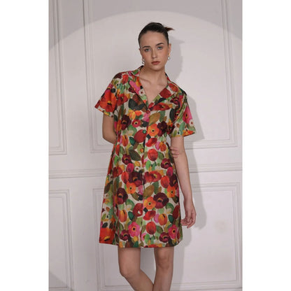 Ruhm Blue Printed Dress with Motifs and Long Sleeves