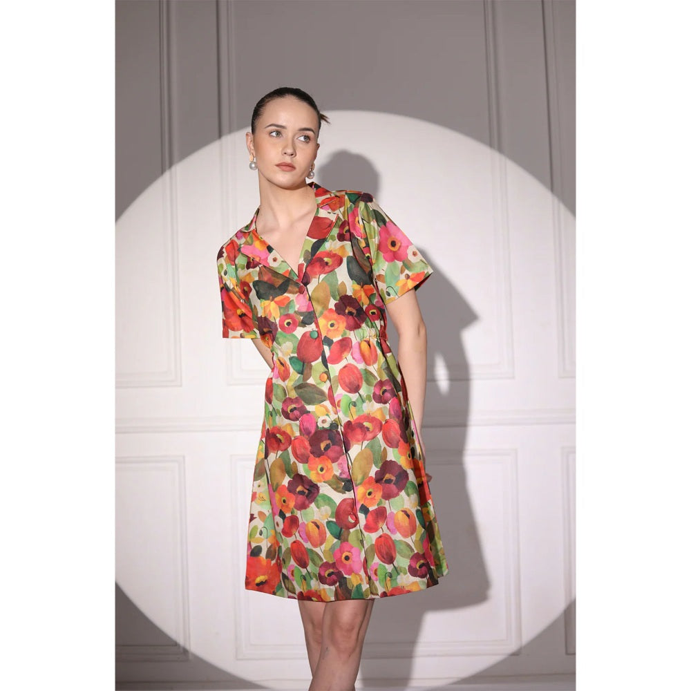 Ruhm Blue Printed Dress with Motifs and Long Sleeves