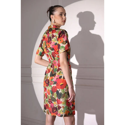 Ruhm Blue Printed Dress with Motifs and Long Sleeves