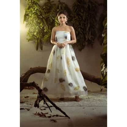 Ruhm White with Roses: Pure Hand-Weaved Silk Organza Sleeveless Dress