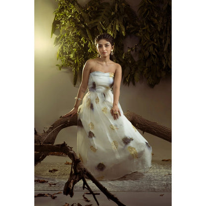 Ruhm White with Roses: Pure Hand-Weaved Silk Organza Sleeveless Dress