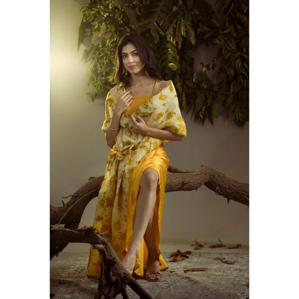Ruhm Natural Marigold: Pure Hand-Weaved Silk Organza Cape and Satin Drape Skirt Set