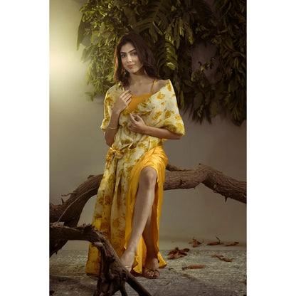 Ruhm Natural Marigold: Pure Hand-Weaved Silk Organza Cape and Satin Drape Skirt Set