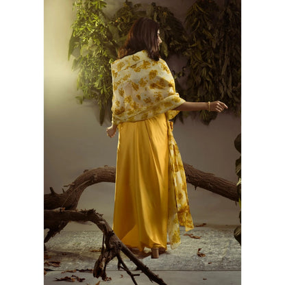Ruhm Natural Marigold: Pure Hand-Weaved Silk Organza Cape and Satin Drape Skirt Set
