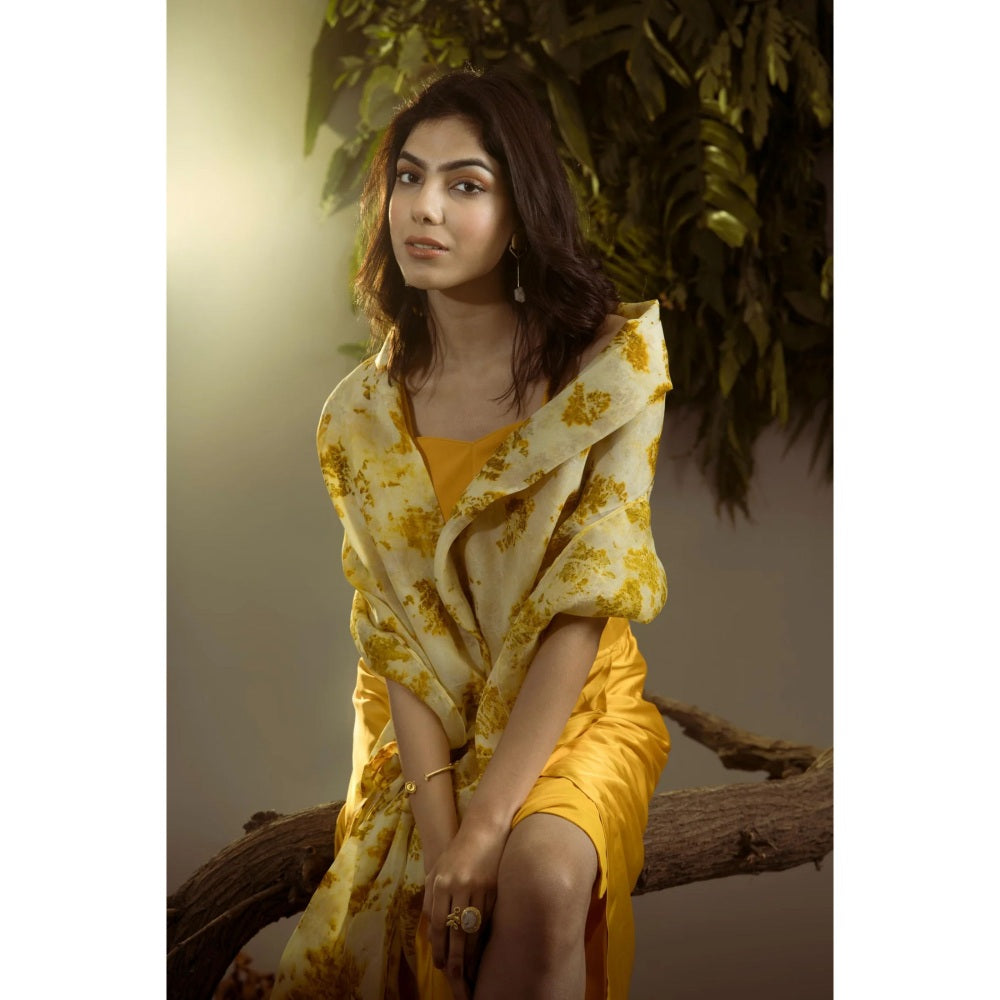 Ruhm Natural Marigold: Pure Hand-Weaved Silk Organza Cape and Satin Drape Skirt Set