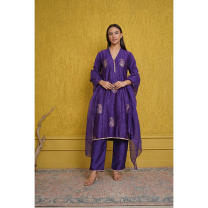 Ruhm Luxurious Purple Silk Chanderi Kurta with Pant and Dupatta (Set of 3)