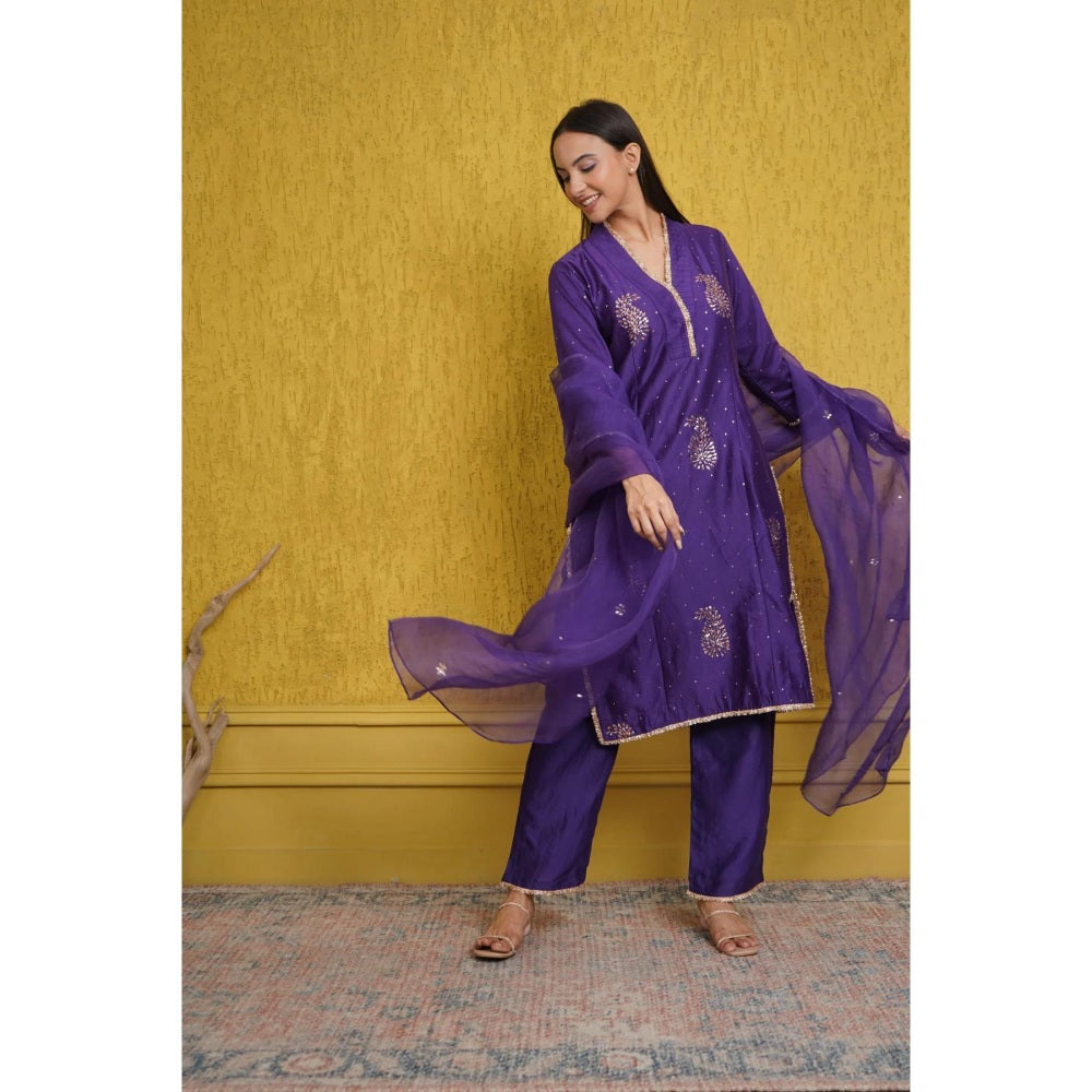Ruhm Luxurious Purple Silk Chanderi Kurta with Pant and Dupatta (Set of 3)