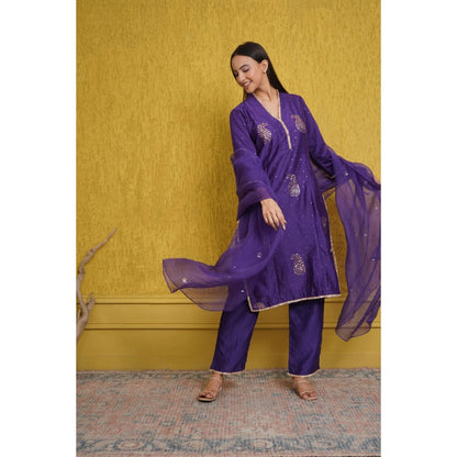 Ruhm Luxurious Purple Silk Chanderi Kurta with Pant and Dupatta (Set of 3)