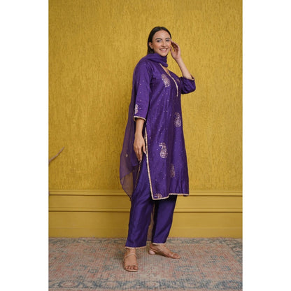 Ruhm Luxurious Purple Silk Chanderi Kurta with Pant and Dupatta (Set of 3)