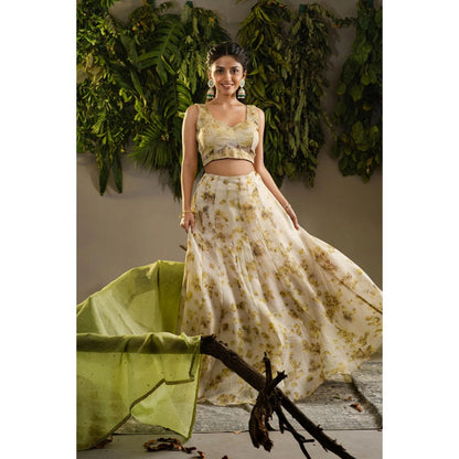 Ruhm Eco-Printed Heritage Lehenga with Top & Woven Dupatta with Nature Hues (Set of 3)