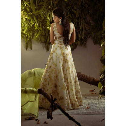 Ruhm Eco-Printed Heritage Lehenga with Top & Woven Dupatta with Nature Hues (Set of 3)
