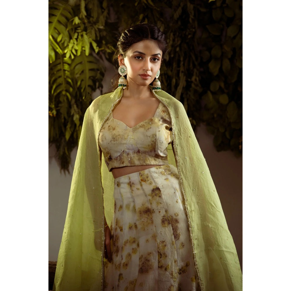 Ruhm Eco-Printed Heritage Lehenga with Top & Woven Dupatta with Nature Hues (Set of 3)