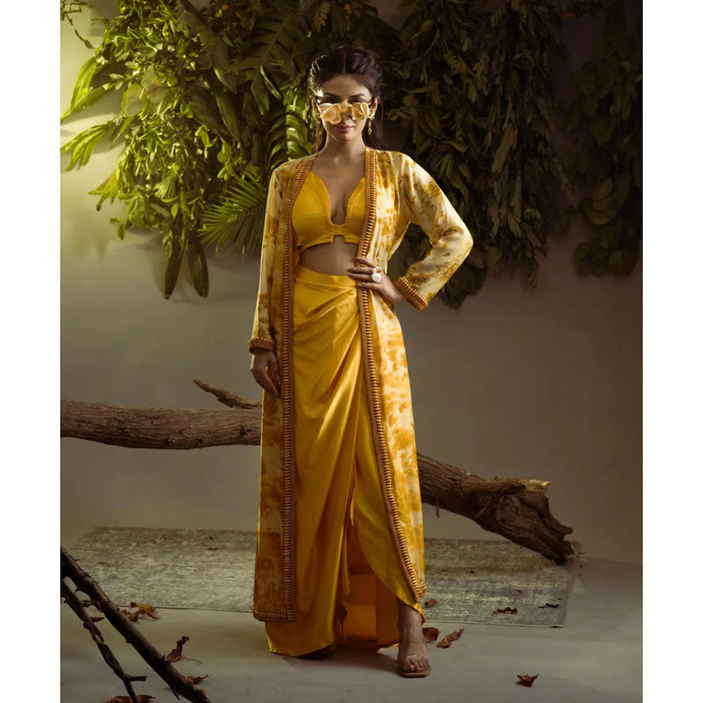 Ruhm Marigold Natural Satin Skirt & Top with Jacket for Haldi Mehendi (Set of 3)