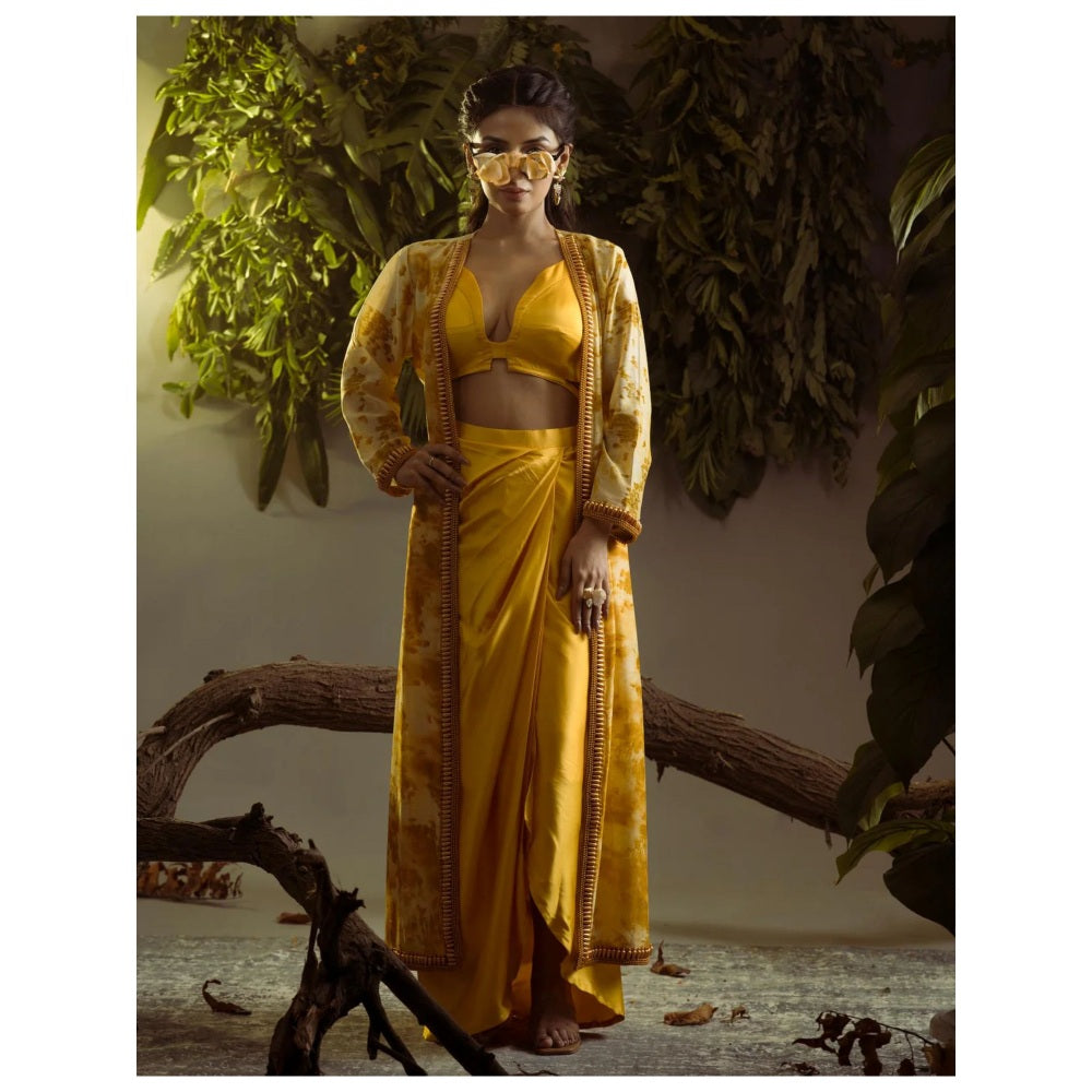 Ruhm Marigold Natural Satin Skirt & Top with Jacket for Haldi Mehendi (Set of 3)