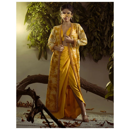 Ruhm Marigold Natural Satin Skirt & Top with Jacket for Haldi Mehendi (Set of 3)