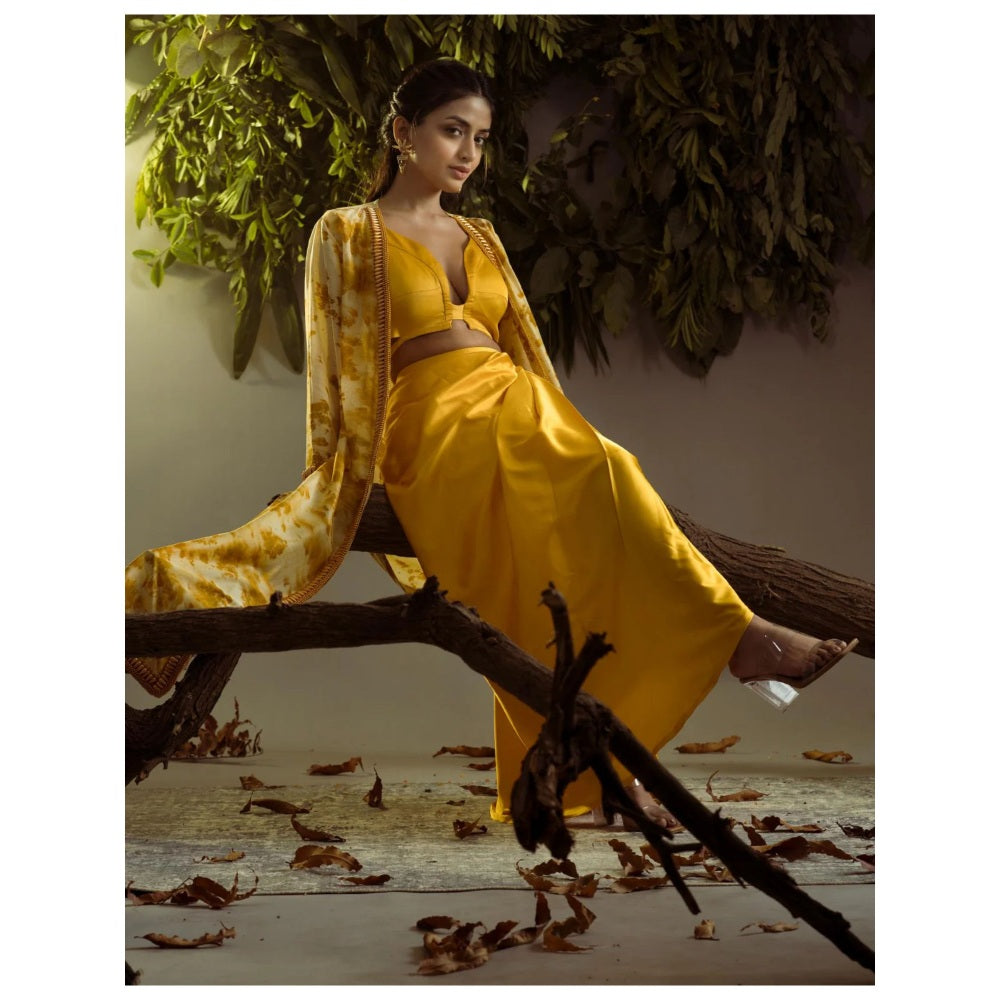 Ruhm Marigold Natural Satin Skirt & Top with Jacket for Haldi Mehendi (Set of 3)