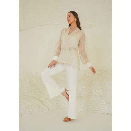 Ruhm Ivory Grid Sheer Bustier with Top and Pant (Set of 3)