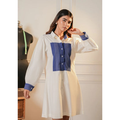 Ruhm White Upcycled Blue Kantha Shirt Dress