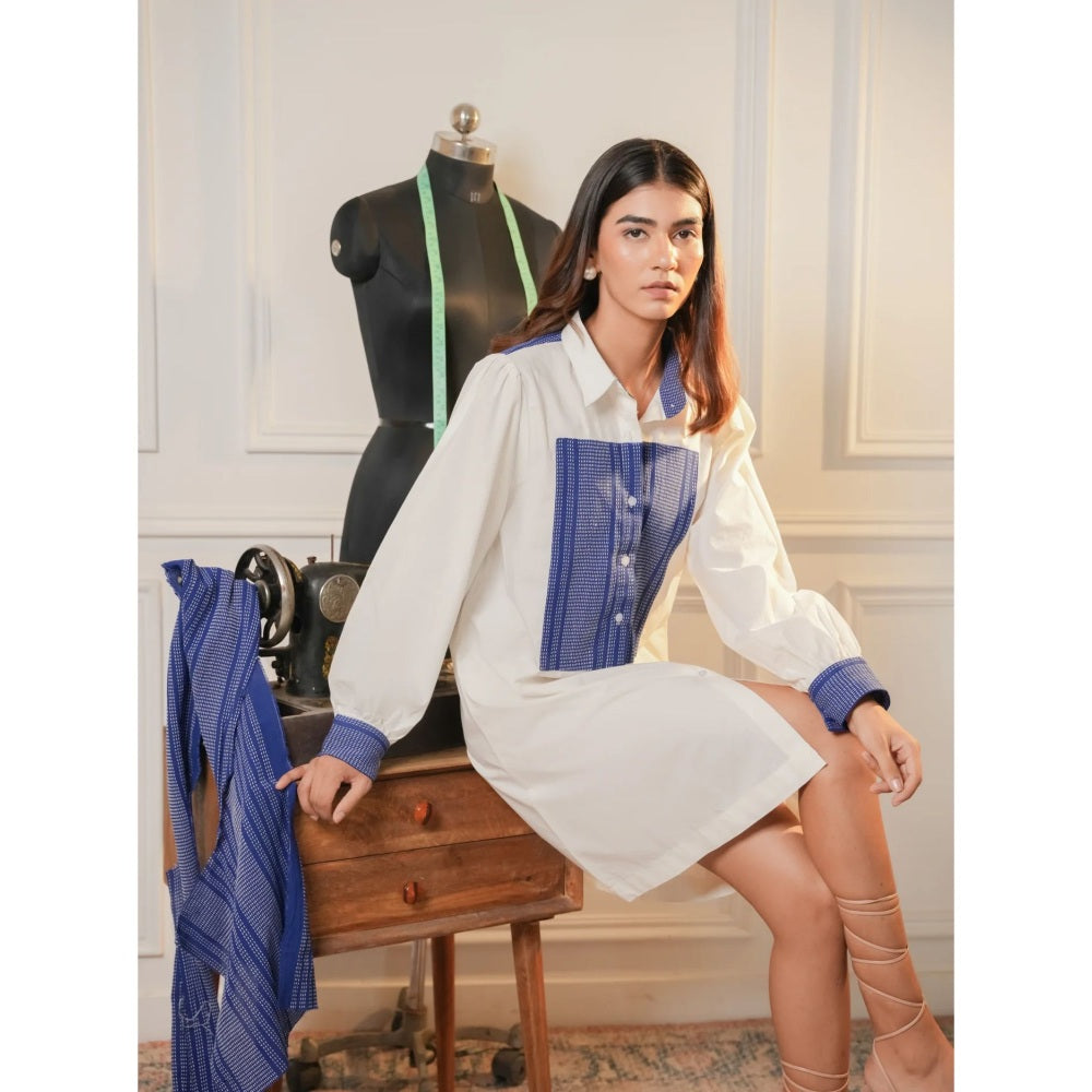 Ruhm White Upcycled Blue Kantha Shirt Dress