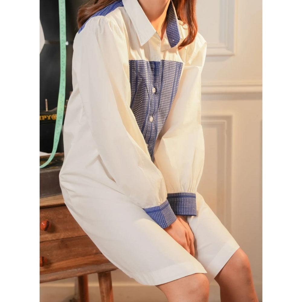 Ruhm White Upcycled Blue Kantha Shirt Dress