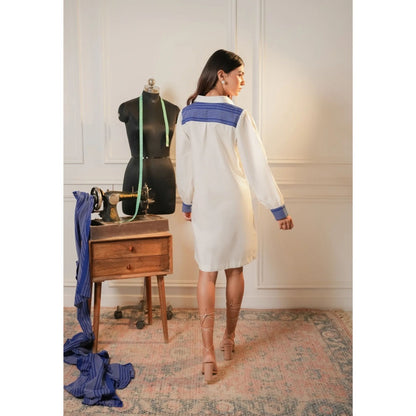 Ruhm White Upcycled Blue Kantha Shirt Dress