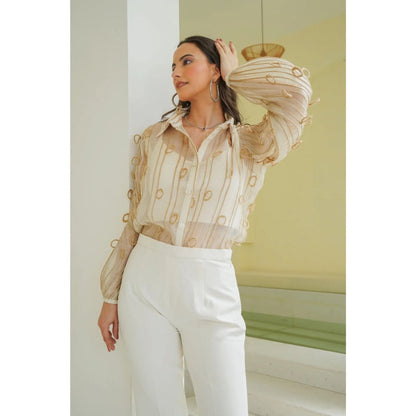 Ruhm Beige Subtle Thread Shirt