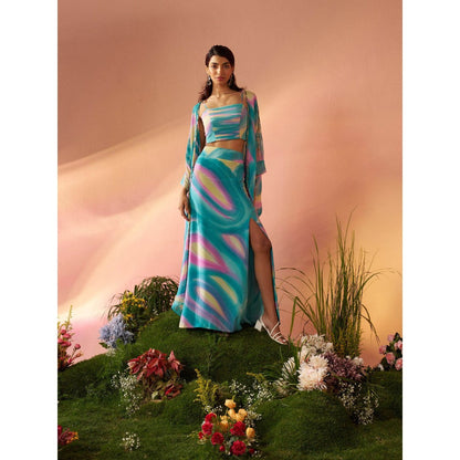 Rukinder Kumar Blue Dye Print Cape with Crop Top and Skirt (Set of 3)