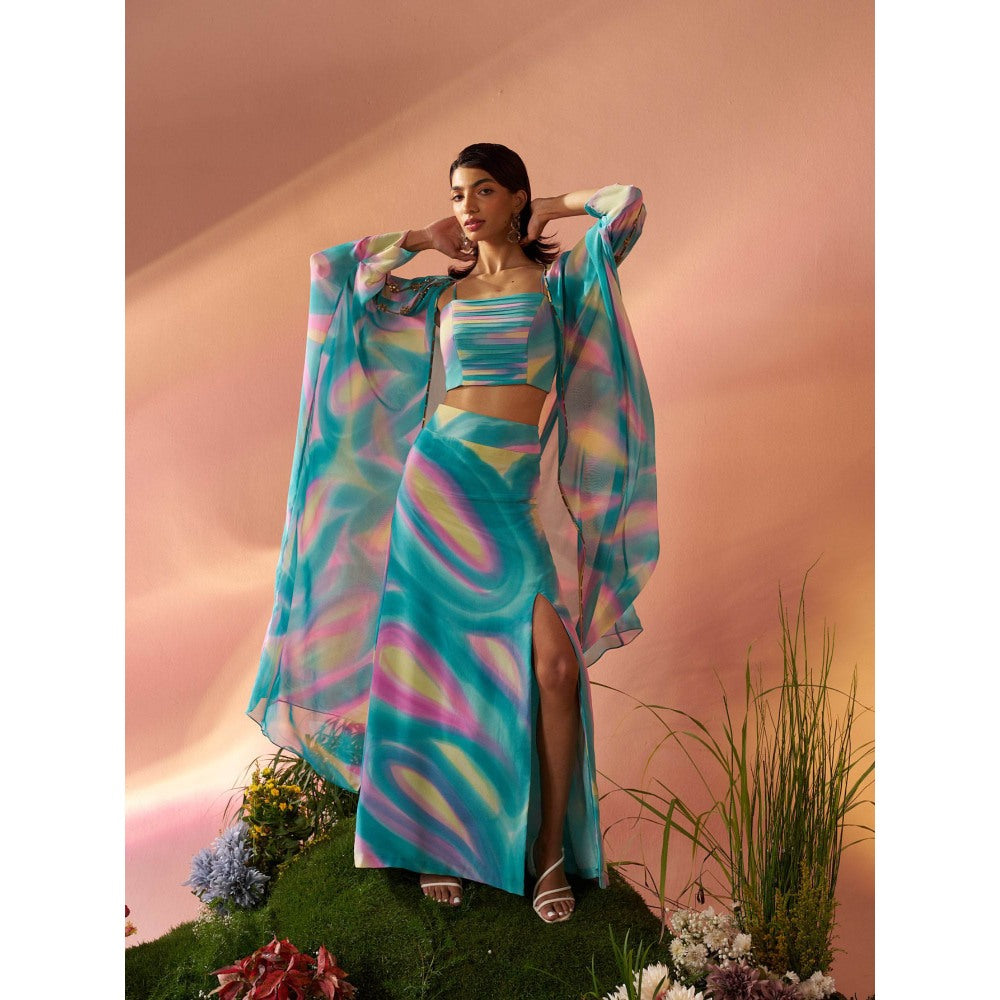 Rukinder Kumar Blue Dye Print Cape with Crop Top and Skirt (Set of 3)