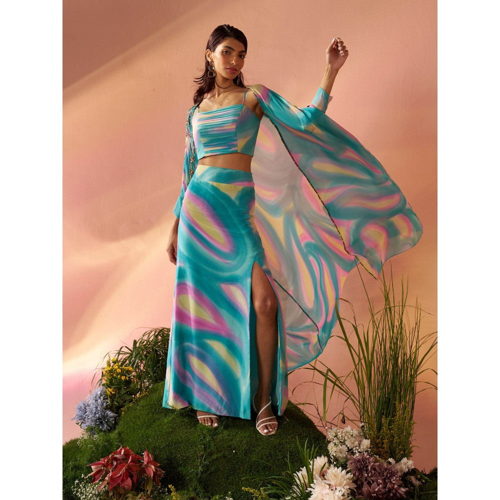 Rukinder Kumar Blue Dye Print Cape with Crop Top and Skirt (Set of 3)