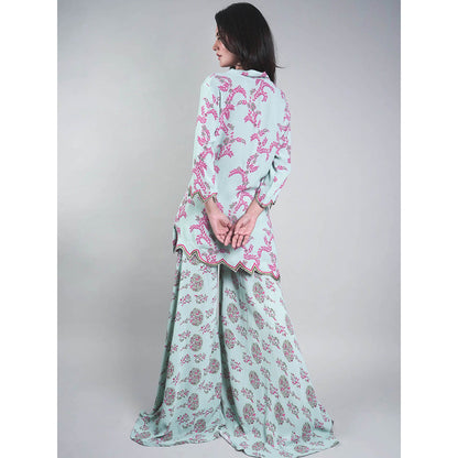 Rukinder Kumar Green Floral Yard Print Short Kurta with Sharara (Set of 2)