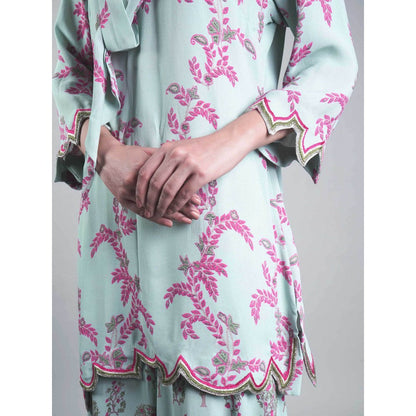 Rukinder Kumar Green Floral Yard Print Short Kurta with Sharara (Set of 2)