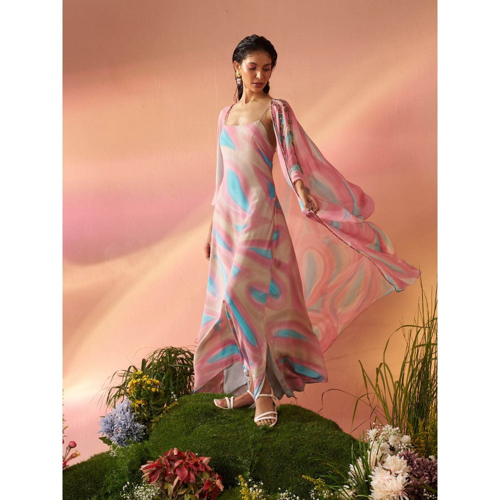 Rukinder Kumar Multi-Colour Dye-Print Cape with Dress (Set of 2)